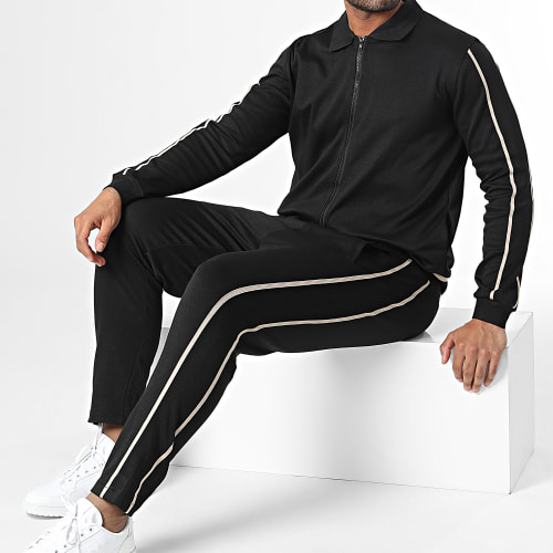 Ensemble Veste Zippée et Pantalon Jogging à Bandes Noir Beige