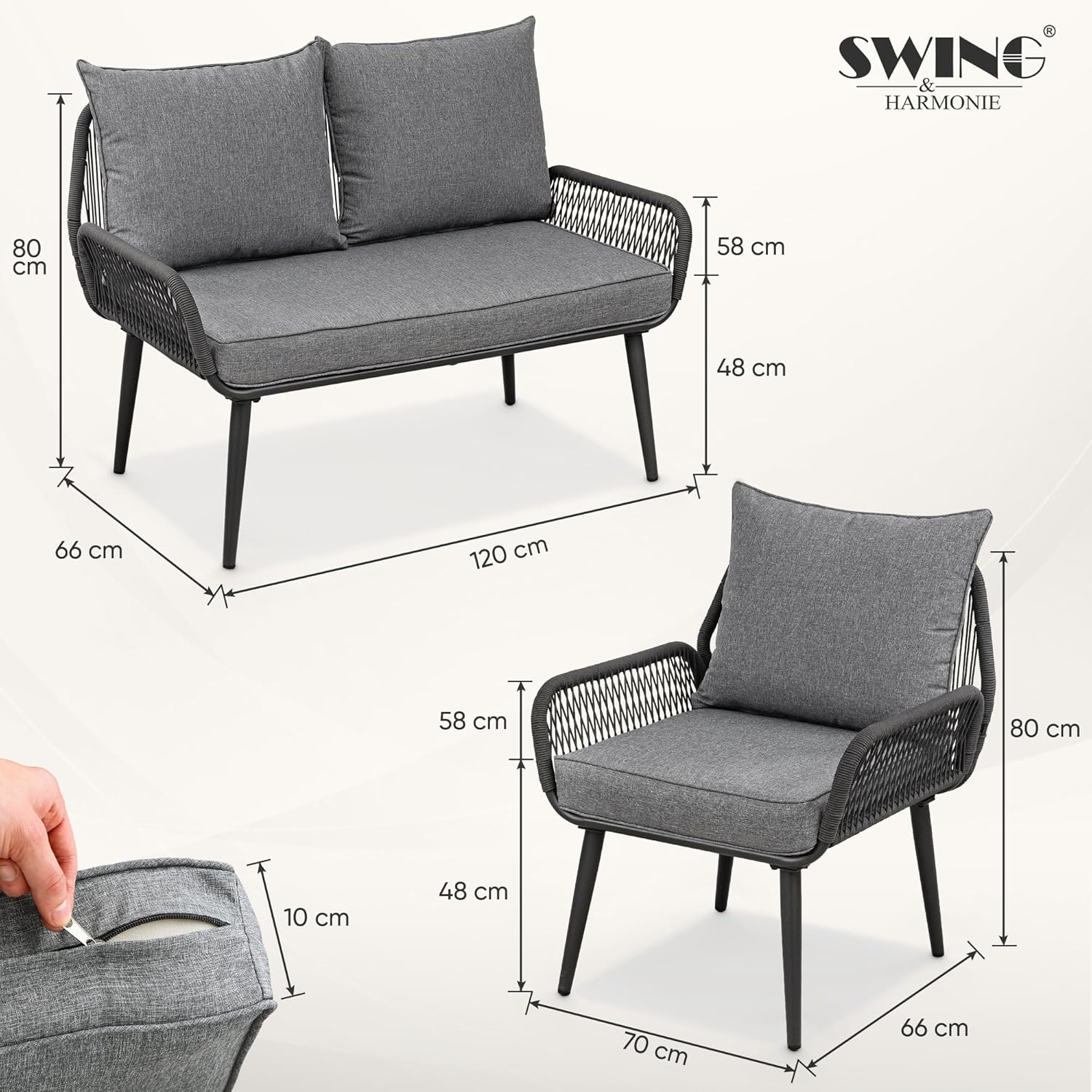 Swing&Harmonie® Gartenmöbel Lounge-Set „Sienna“ – Sitzgruppe mit Tisch, Sofa, Sesseln & Stühlen – wetterfest – Seilgeflecht – WPC-Tischplatte – Outdoor Essgruppe (anthrazit/Holz, 6 Personen)