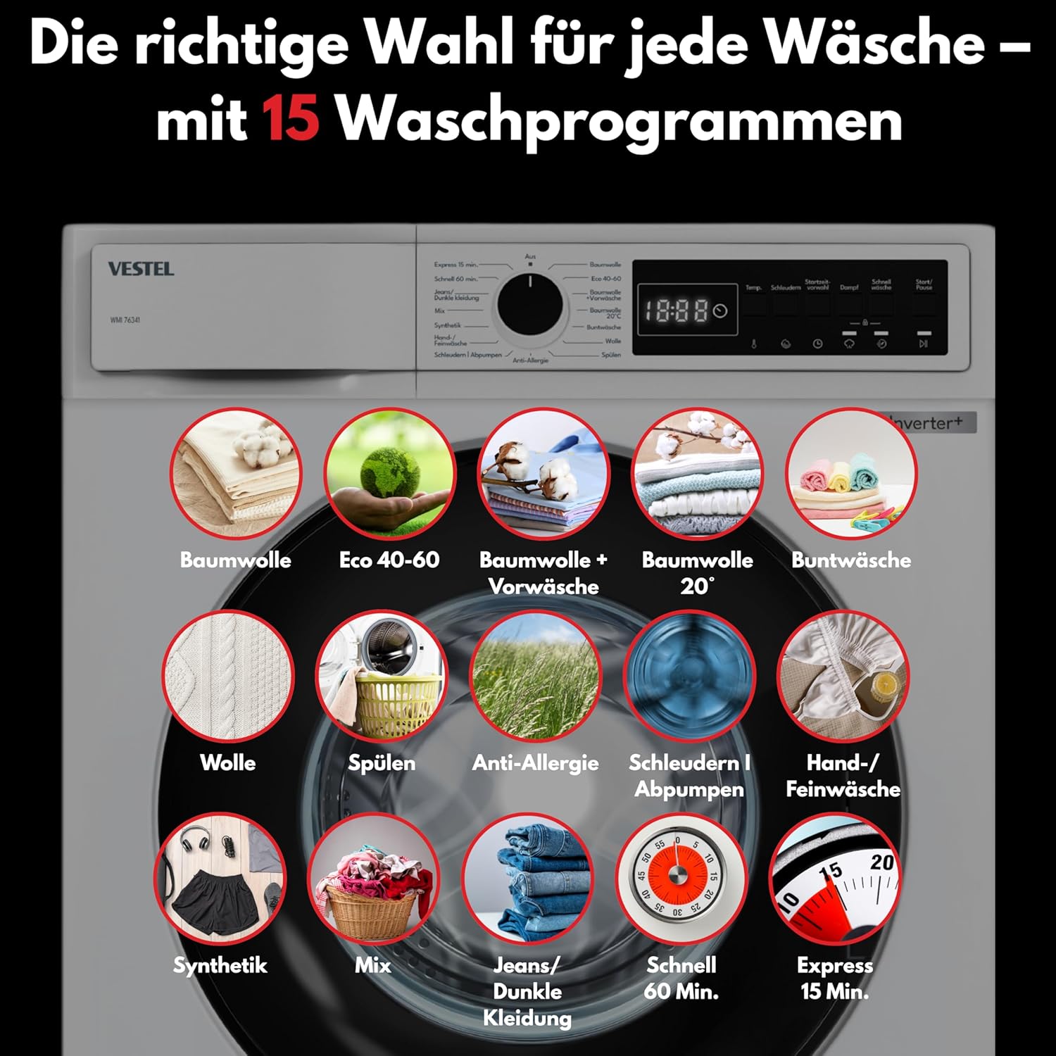 VESTEL WMI 76341 Waschmaschine 7 kg Frontlader – 1400 U/min, Energieeffizienzklasse A, Inverter-Motor, Dampffunktion, AquaStop, leise, freistehend, weiß