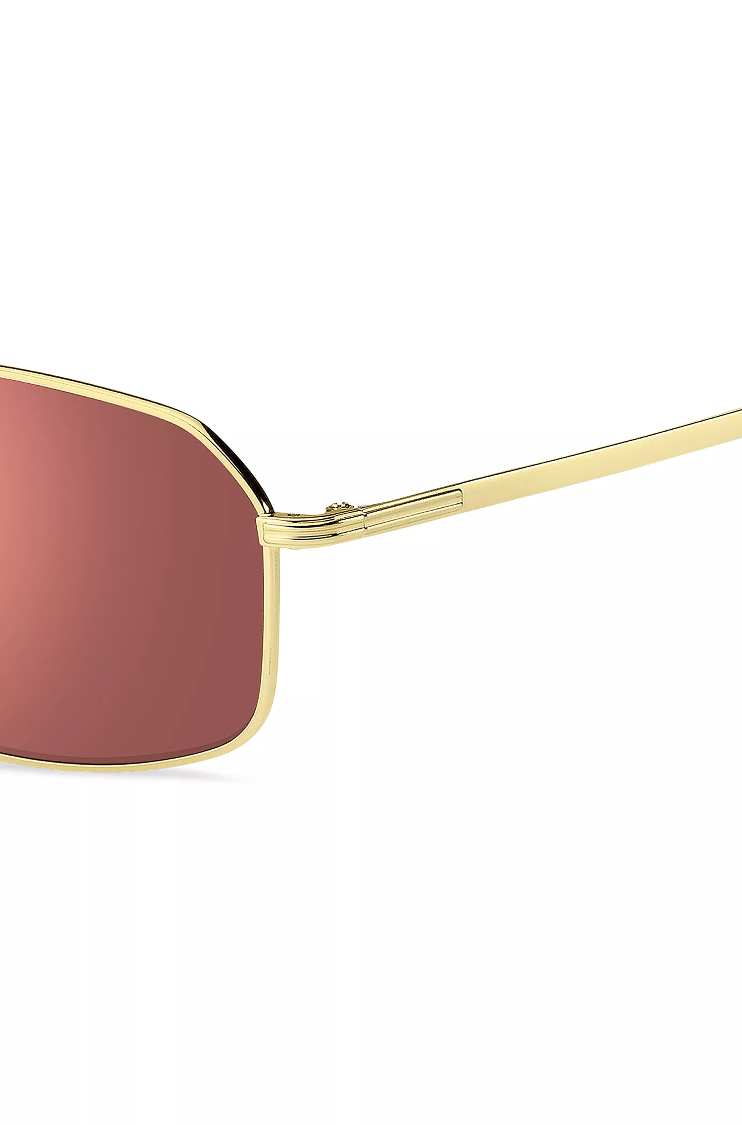 Óculos de sol BOSS em tons de preto e dourado com lentes rosa.