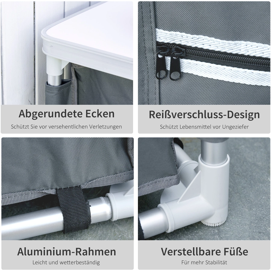 Outsunny 2in1Campingtisch mit Arbeitsplatte und Fächern grau