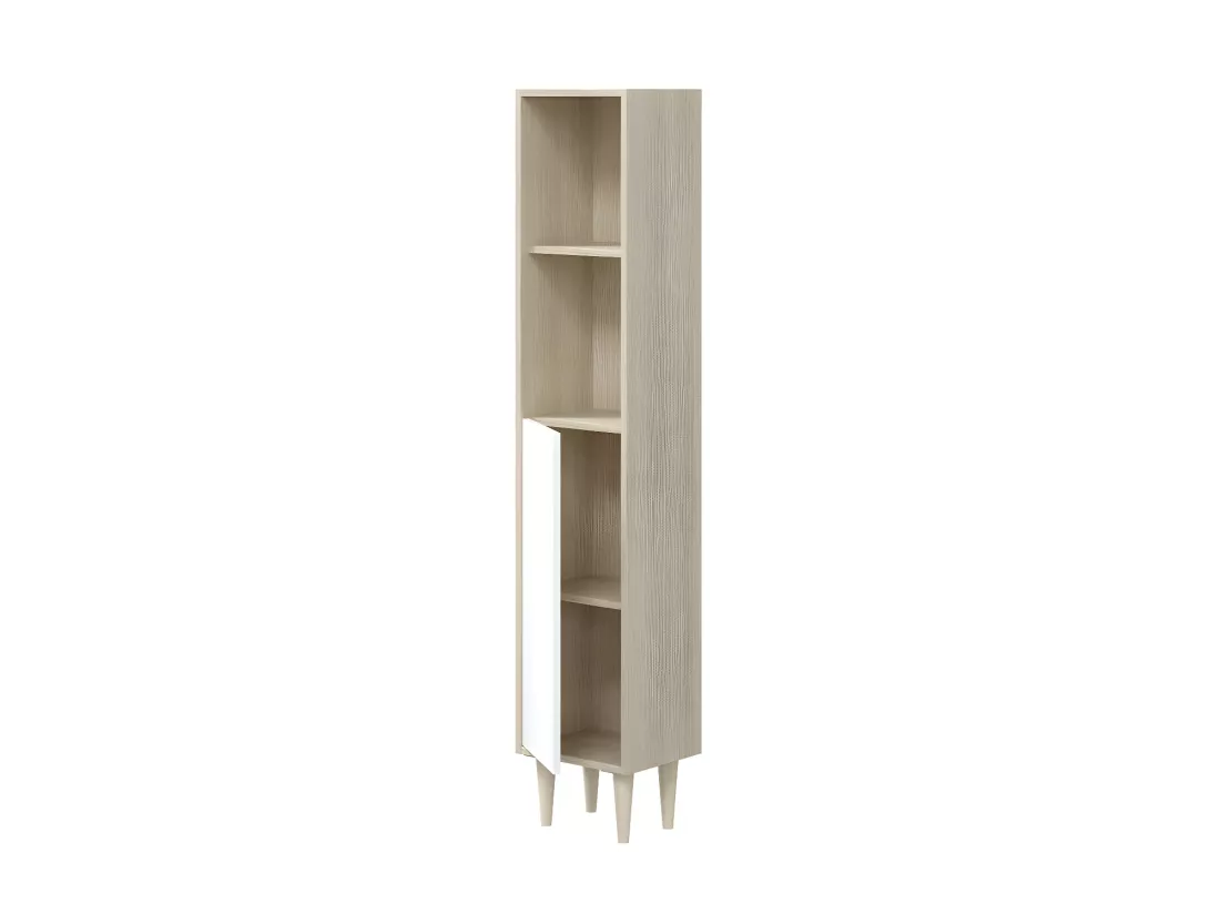 Colonne 1 porte 2 niches Chêne/Blanc brillant - NAVERO - L 30 x l 25 x H 150 cm