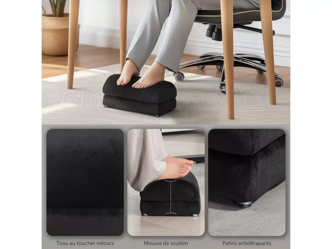 Repose-pied sous le bureau - repose pied bureau antidérapant - mousse souple velours noir