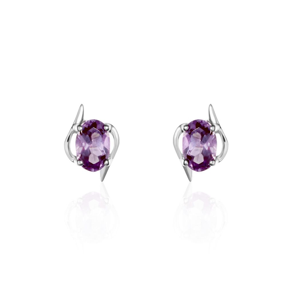 Boucles D'oreilles Puces Vrille Ovale Or Blanc Amethyste