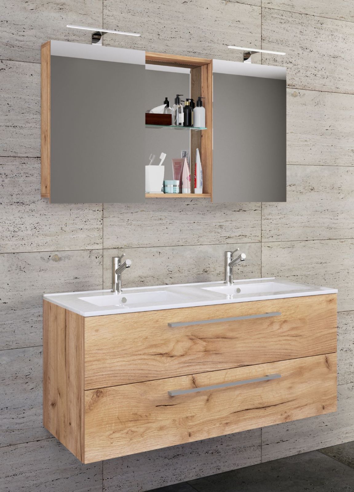 3-teiliges Badmöbel-Set BUDASI - Honig Eiche - Spiegelschrank - 112 cm breit