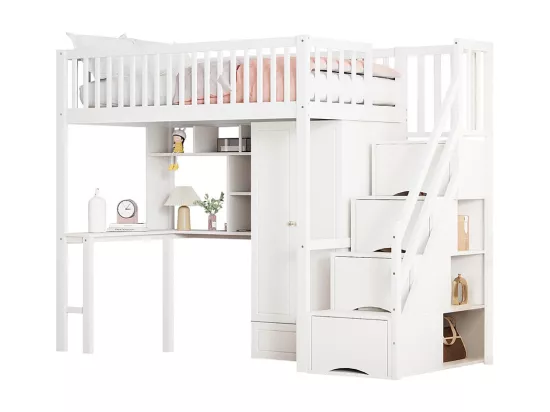 Lit mezzanine 90x200 avec grande armoire étagère et table espace de rangement escalier lit polyvalent blanc