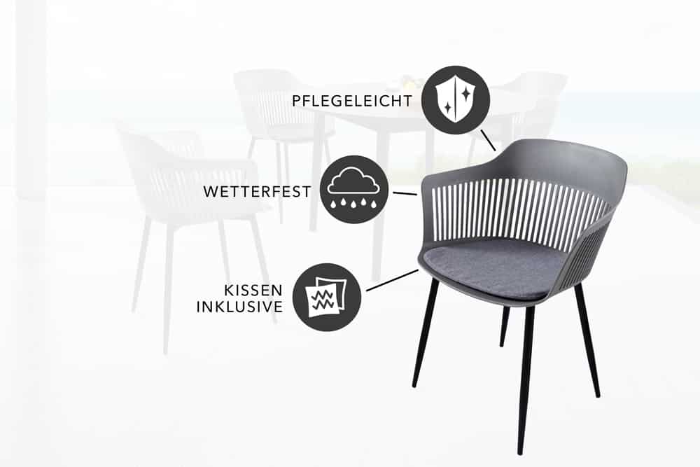 Design Stuhl AIRE grau Kunststoff Stahlgestell Indoor Outdoor inkl. Kissen