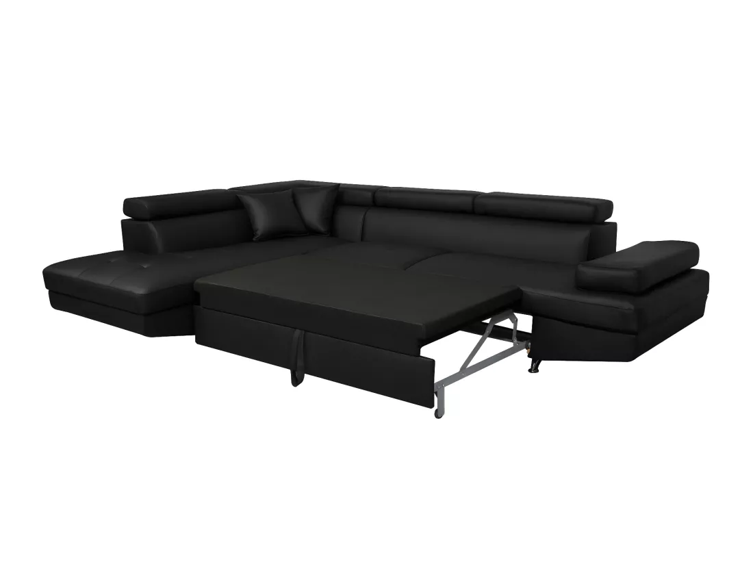 Canapé d'angle gauche 5 places Rio Convertible avec coffre en simili - Noir - L271 x P192 x H70cm - Loungitude
