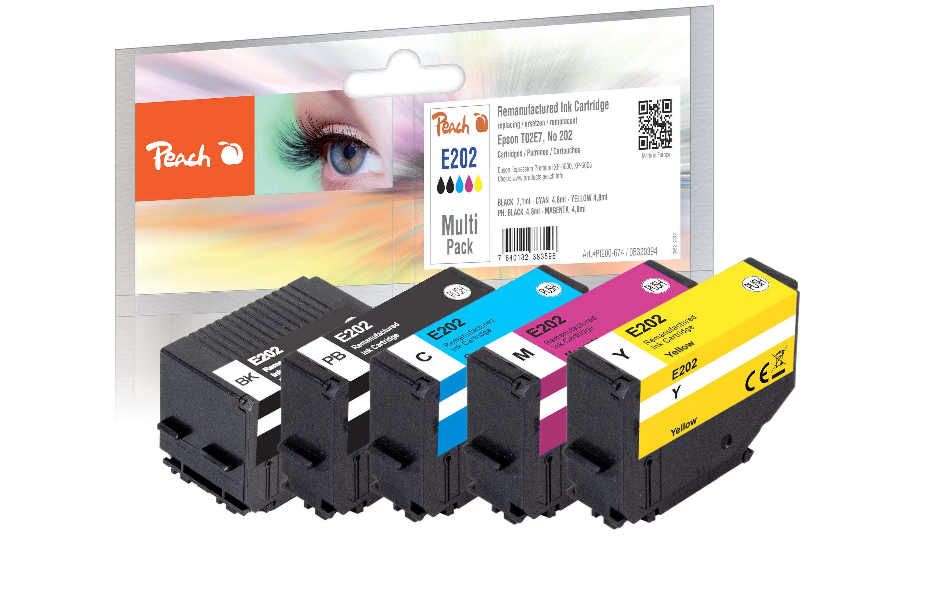 Tinte Epson Nr. 202 BK, PHBK, C, M, YDruckerpatrone: Schwarz, Photoschwarz, Cyan, Magenta, Gelb