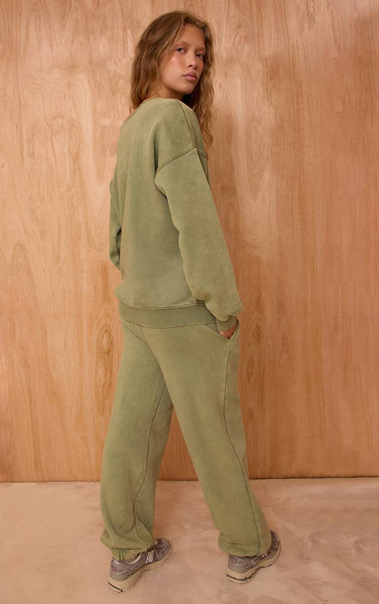 Vert Sauge Pantalon De Jogging À Revers Avec Coutures Contrastées Effet Délavé Acide
