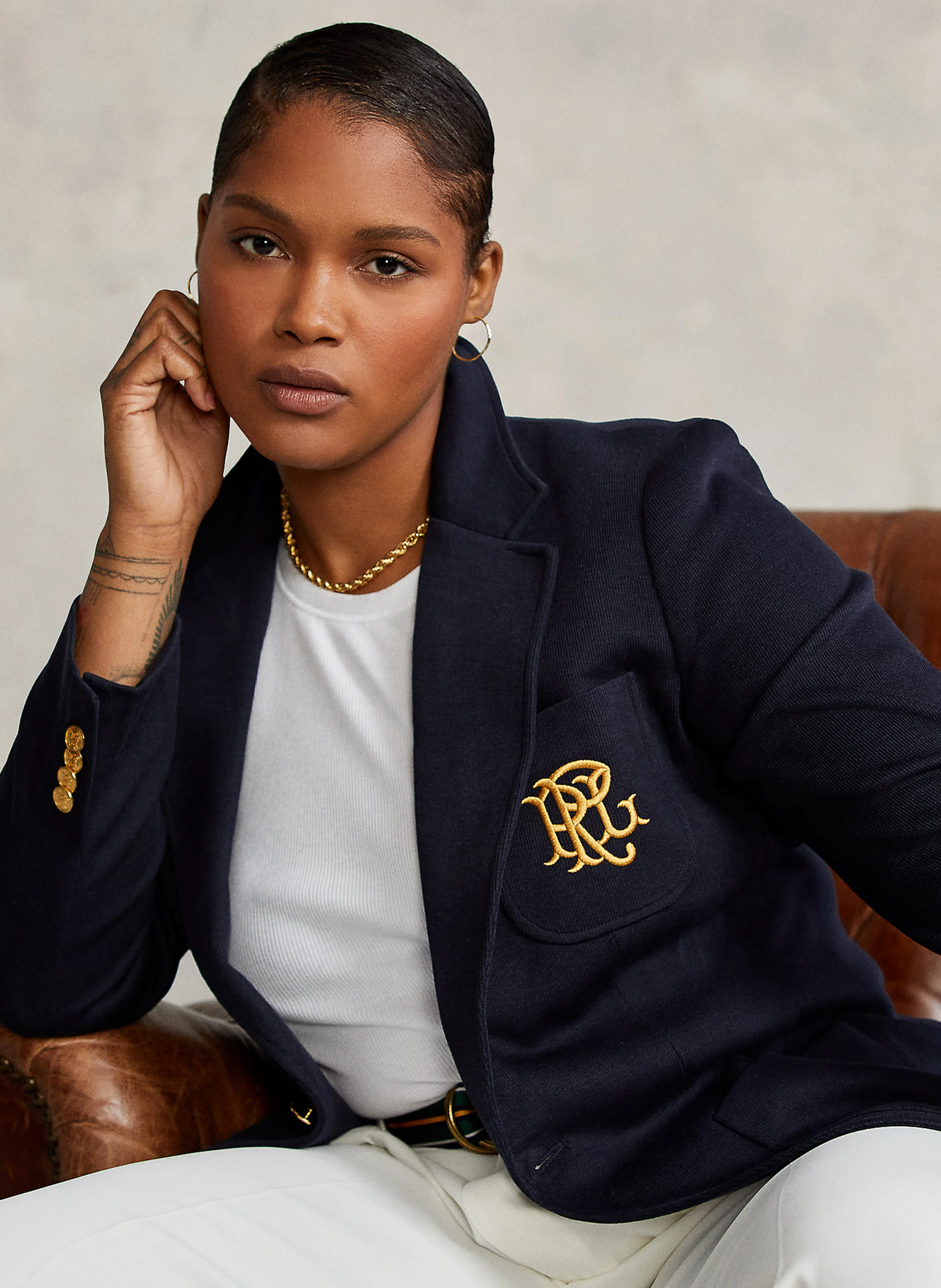 Veste col tailleur brodée en coton mélangé | Bleu