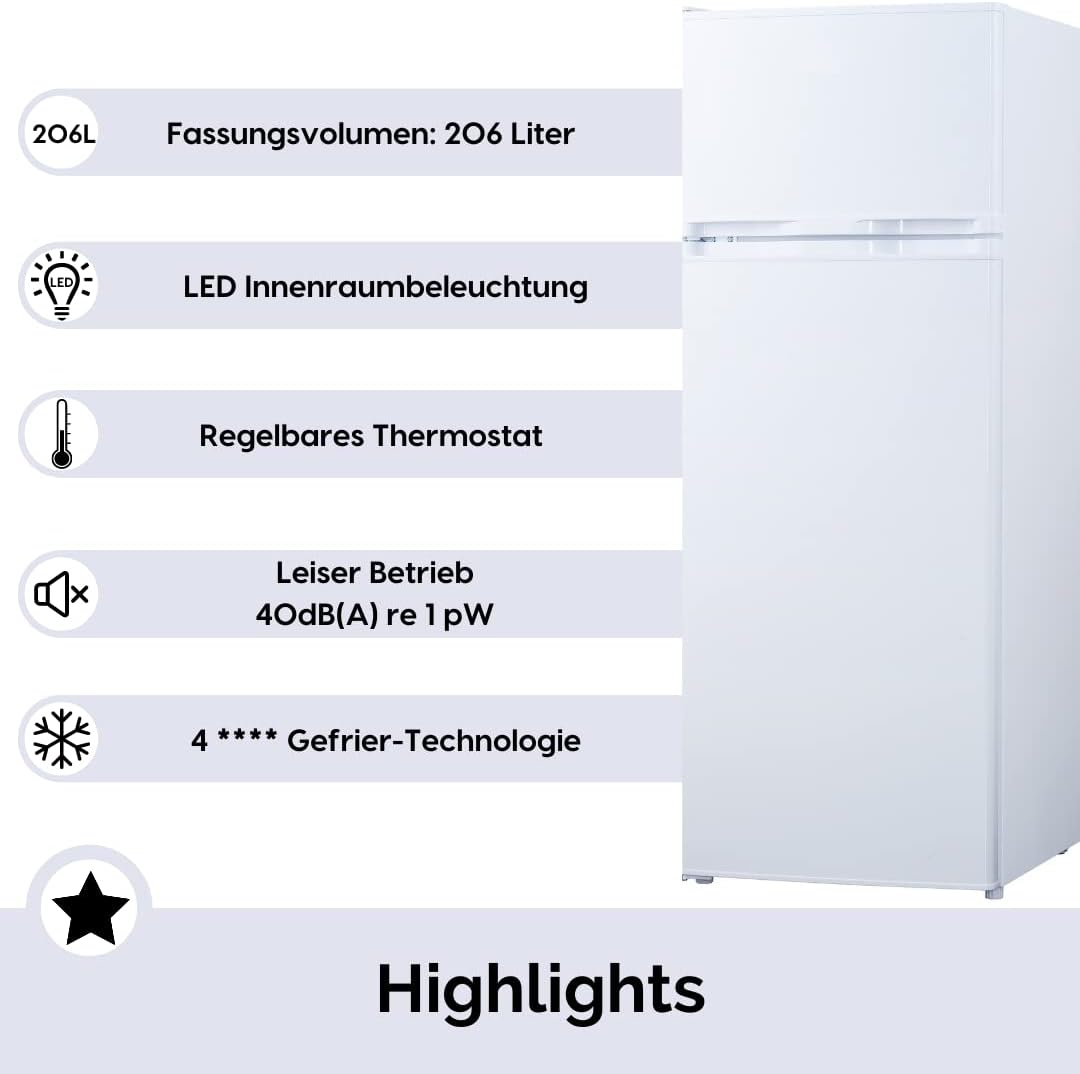 PKM Kühl-Gefrierkombination GK212W weiß | 206L Nutzinhalt | 4**** Gefrierfach | Höhe 143cm | Breite 55cm | Leiser Betrieb 40dB | Sparsame LED-Beleuchtung | Energieverbrauch 172 kWh/Jahr | Weiß