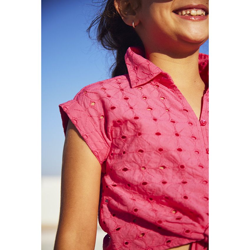Chemise manches courtes en broderie anglaise pour fille - Fuchsia