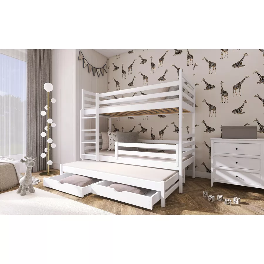Kids Collective Hochbett 90x200 mit Ausziehbett Etagenbett mit Ausziehfunktion, Schubladen weiß