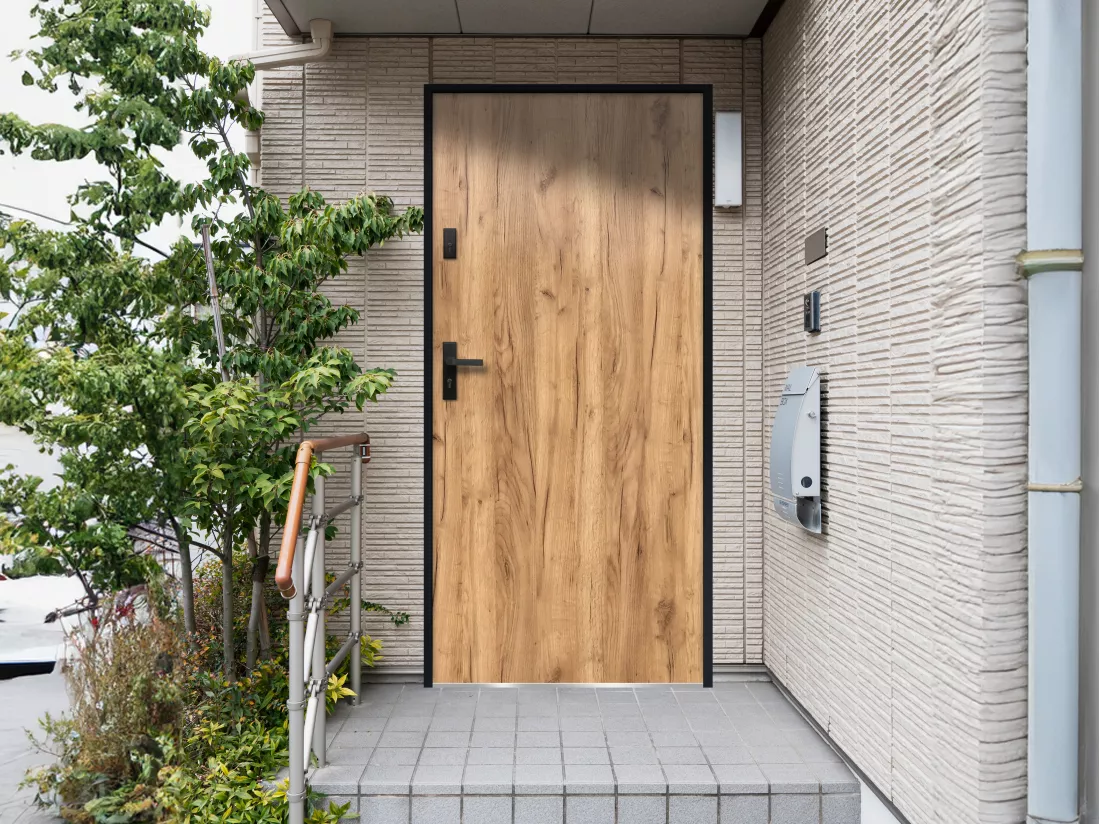 Porte d'entrée en acier pleine H207 x L100 cm effet chêne - poussant droit - AGUEDA