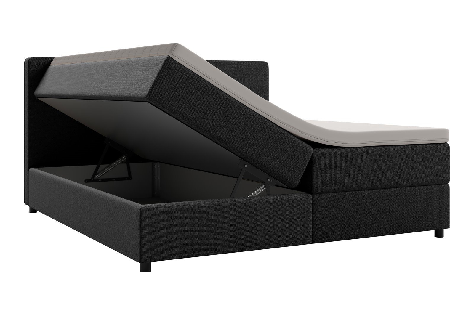 Premium 10 oppbevaringsseng 180x200 cm Magasinseng med oppbevaring, åpnes fra siden. I tekstil terranova 1 sort, med medium/fast fasthetsgrad og premium 10 overmadrass,sorte ben. Sengegavl selges separat.