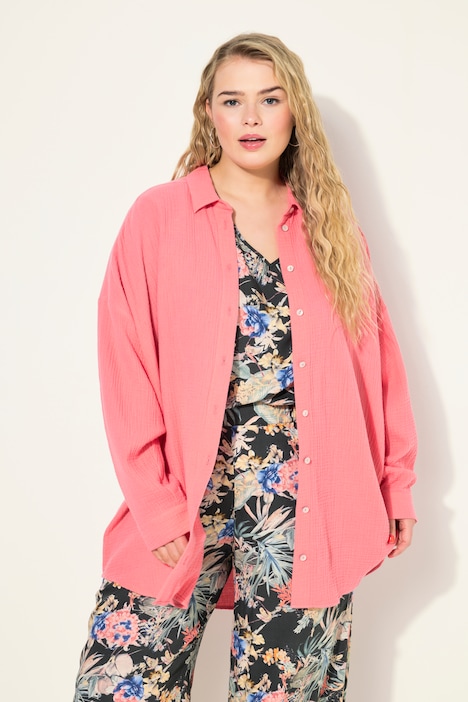 Musselin Bluse, oversized, Hemdkragen, Langarm