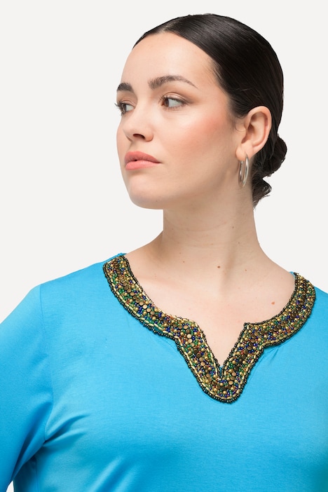 Shirt-Tunika, Stickerei, Tunika-Ausschnitt, Halbarm
