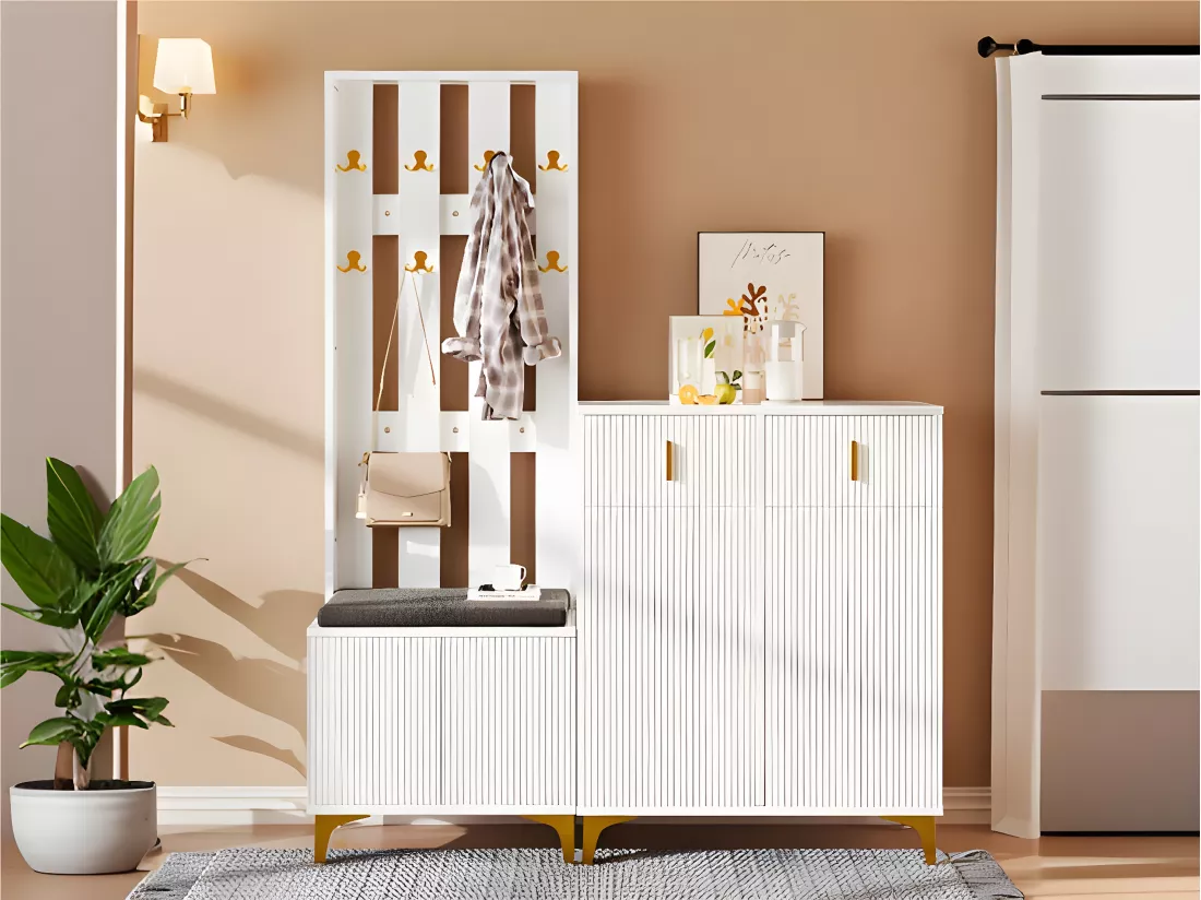 Ensemble vestiaire - avec crochets、banc à chaussures et un casier - Blanc