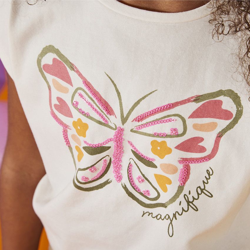 T-shirt manches courtes motif en cording pour fille - Ecru