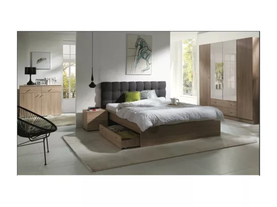 Ensemble pour chambre à coucher MAXIM. Lit adulte deux places 160x200 cm + tiroir + sommier + deux chevets + commode