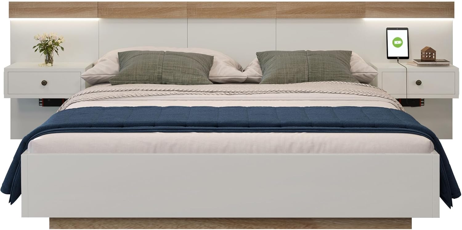 Doppelbett 180x200 cm, integriertes Kopfteil mit 2 LED Nachtkommoden und USB Ladefunktion, Holzbett Bettanlage mit Lattenrost, Funktionsbetten Rückenlehne Bettgestell, Ohne Matratze, Weiß+Eiche SF6772142