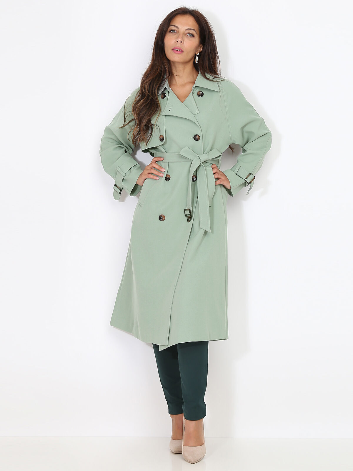 Trench mi-long droit ceinturé- Vert clair