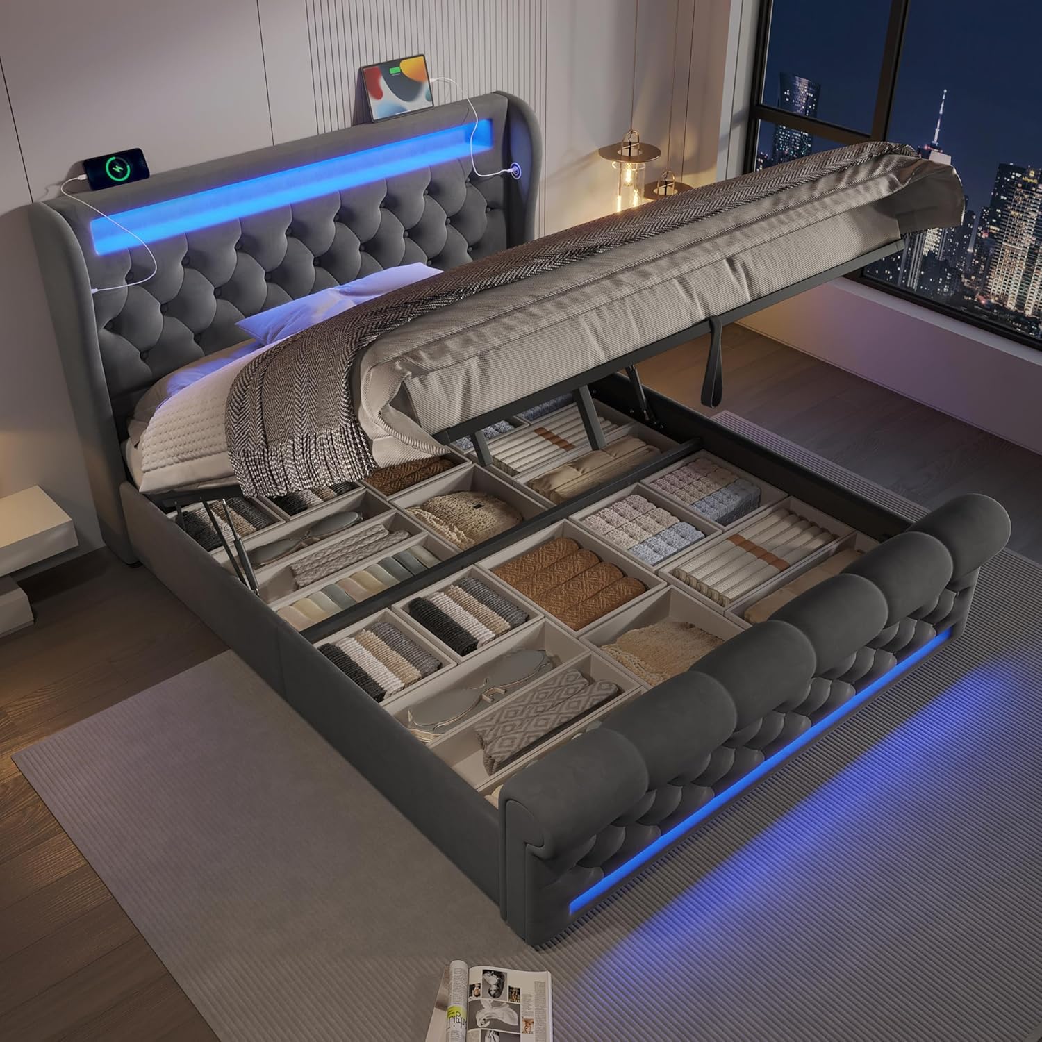 Polsterbett 140x200 cm, Doppelbett mit LED-Leuchten, Kopfteil mit USB- und Typ-C-Anschlüssen, Hydraulisches Stauraumbett, für Jugendliche und Erwachsene, Samt, Grau (Ohne Matratze) SK2623696