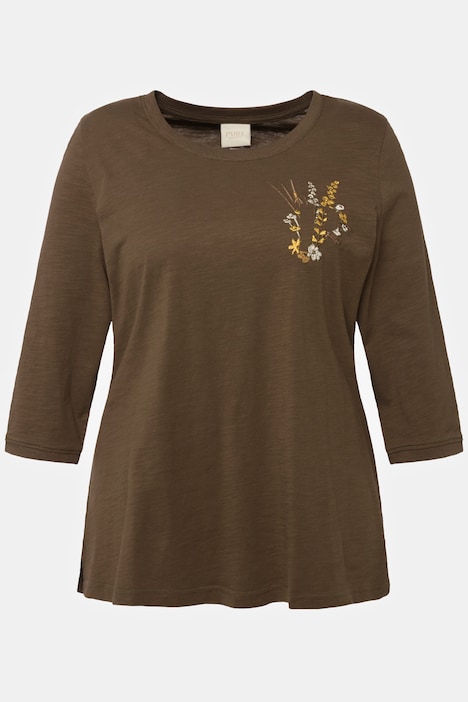 Shirt, Stickerei, Rundhals, 3/4-Arm, Biobaumwolle
