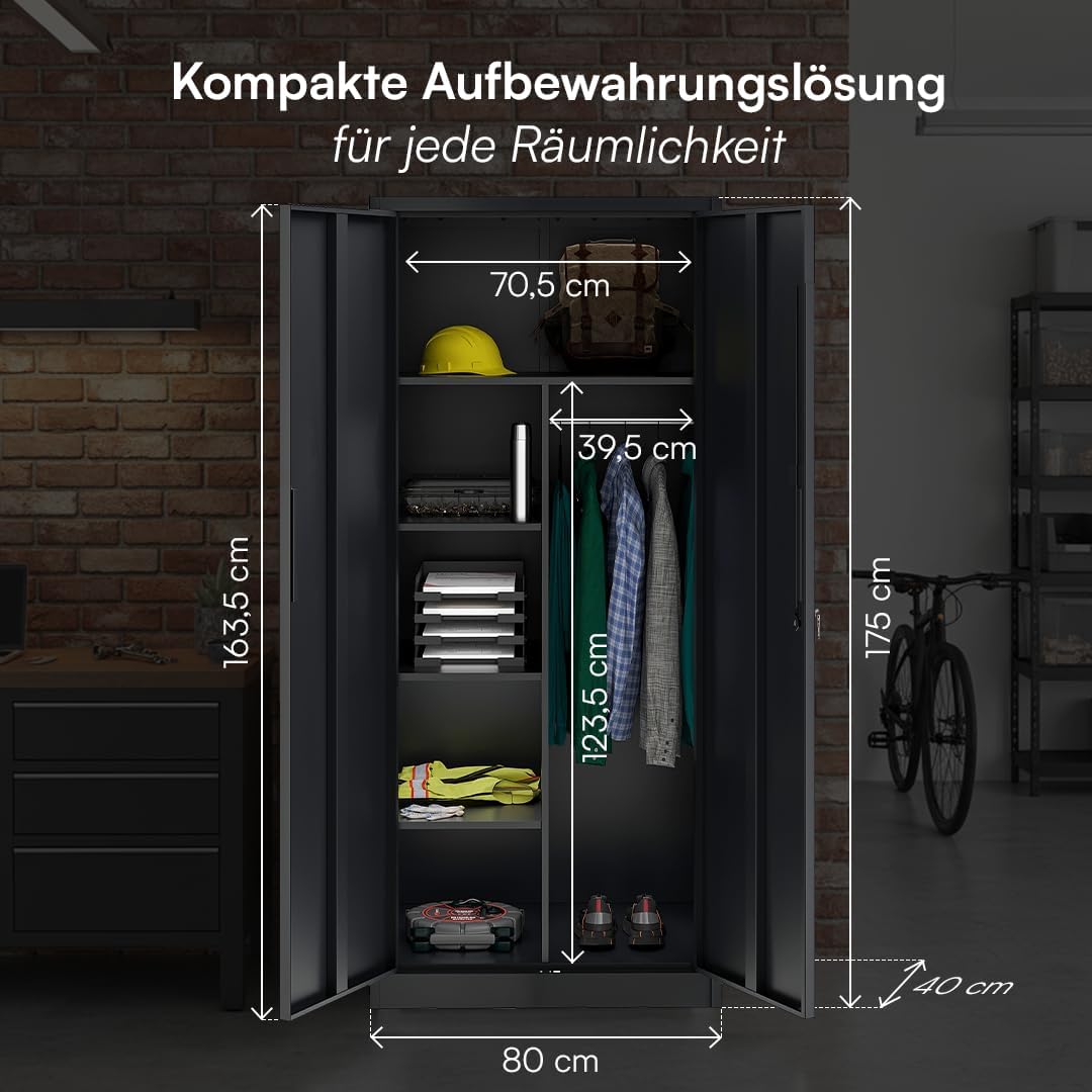 STEELSØN Regulus Metallschrank abschließbar – Garderobenschrank mit 6 Fächern und 1 Kleiderstange – Spind Schrank mit Doppeltüren – Mehrzweckschrank Schwarz – Kleiderschrank Metall 175x40x80 cm