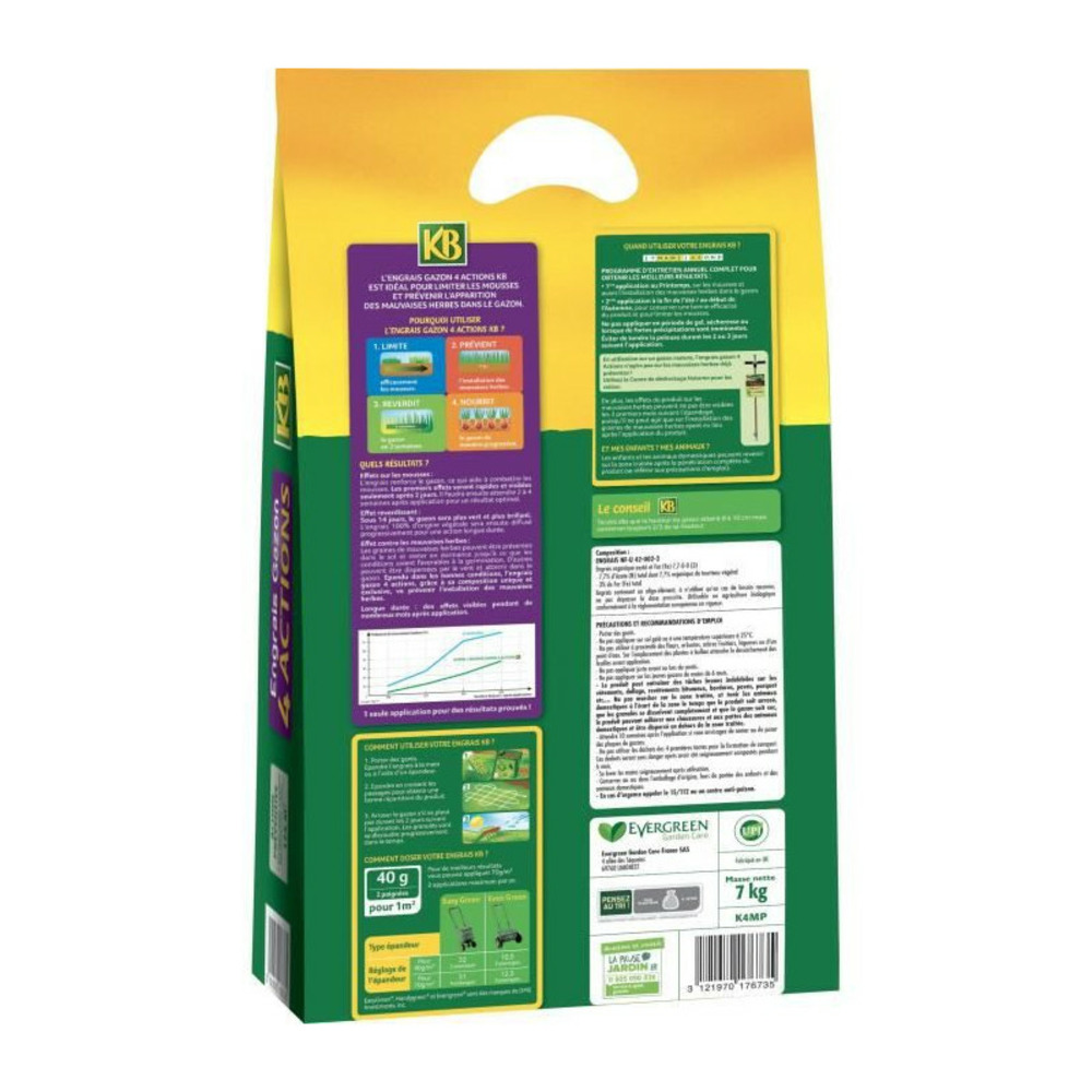 Engrais a gazon k4mp - 4 actions - 7 kg - limite les mousses - prévient les mauvaises herbes - surface 280m²