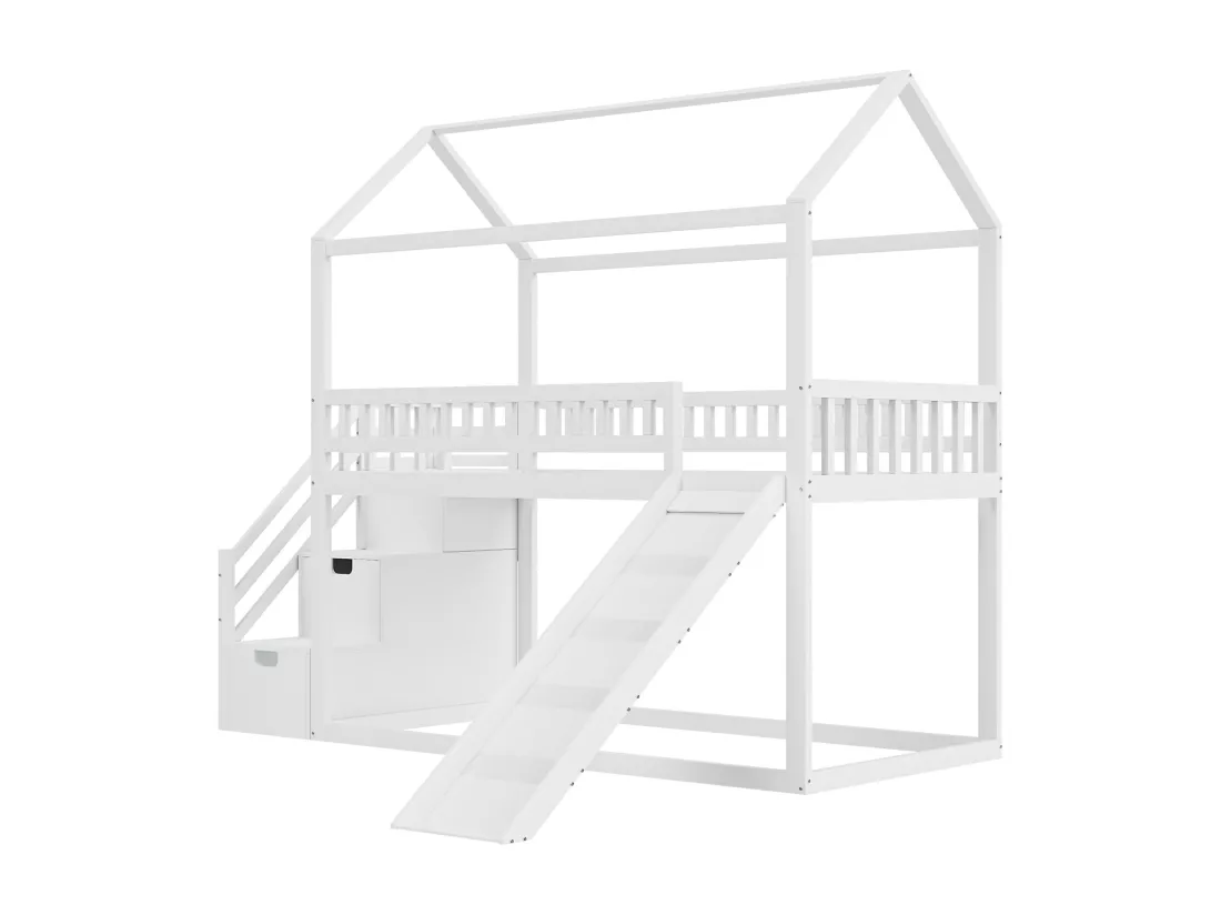 Lit superposé enfant 90x200 cm, lit mezzanine avec toboggan et échelle de rangement, barrière haute, cadre de lit en bois massif, blanc