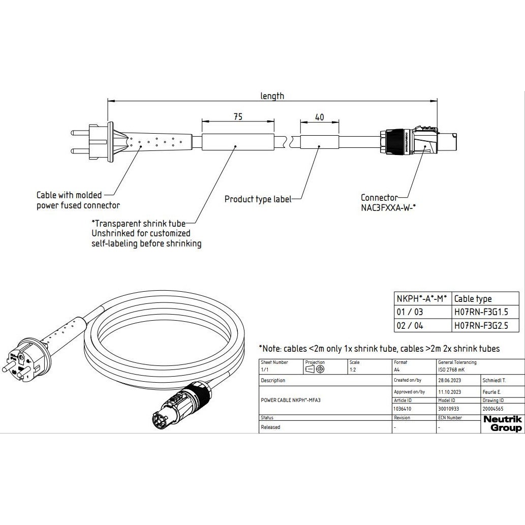 Neutrik NKPH02-MFA3 Power Cord H07RN-F3G2.5 powerCON FXXA-Schuko E+F (m) 3m