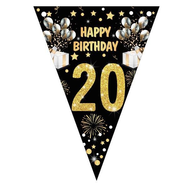 (2m) Happy Birthday Girlande 20. Geburtstag Party Dekoration Wimpelkette Accessoire Banner - Schwarz / Gold