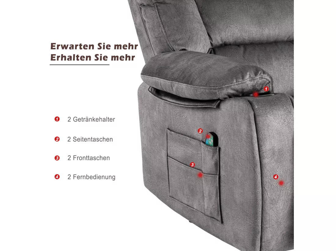 Fauteuil de massage à réglage électrique, fauteuil inclinable en tissu avec 2 porte-gobelets, poches latérales et télécommande pour salon, gris