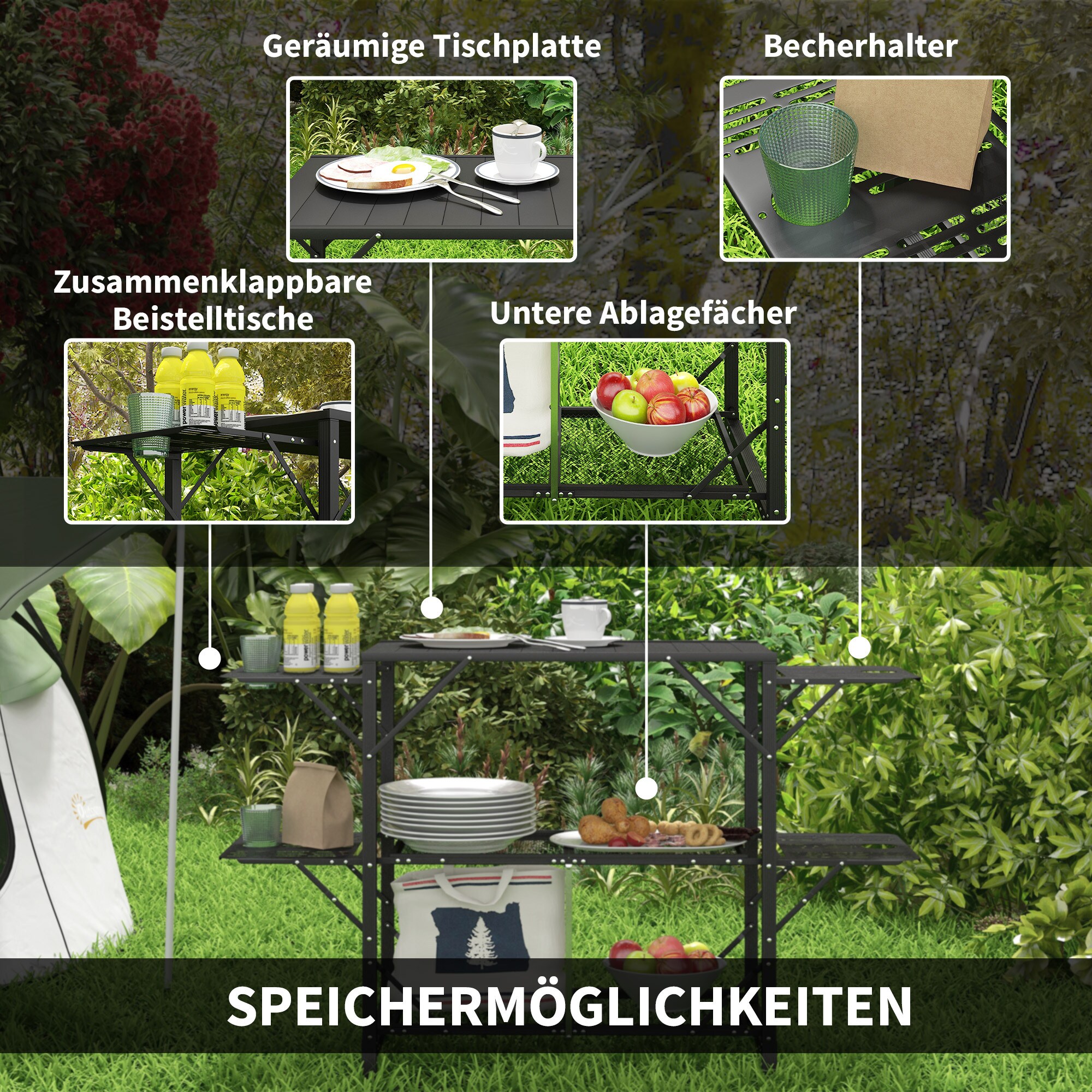 Outsunny Campingtisch mit Regalen schwarz 126L x 44B x 80H cm