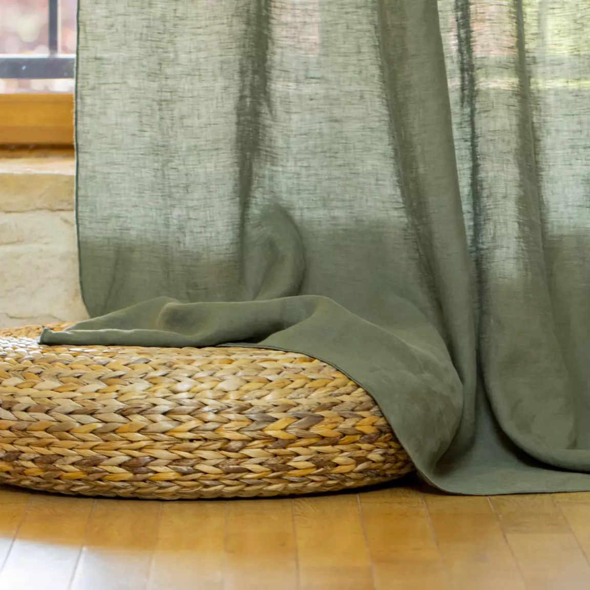 Rideau lin lavé ajustable (140 x max 270 cm) Louise Vert romarin