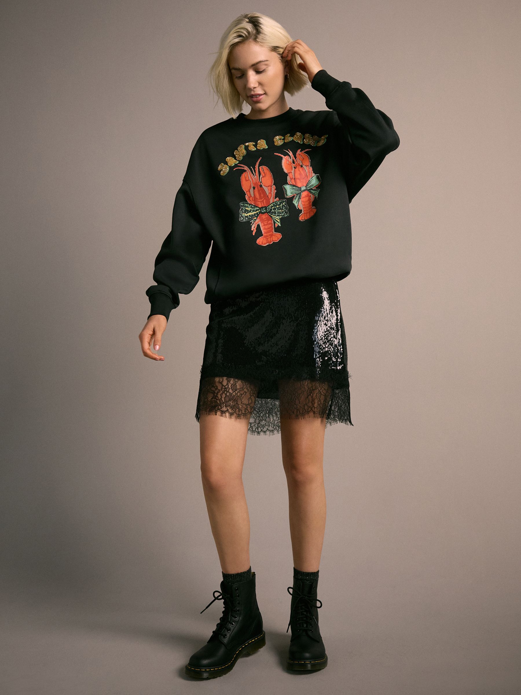 Zwart - Seasonal Christmas Graphic Lobster 'Santa Claws' Long Sleeve Crew Sweatshirt