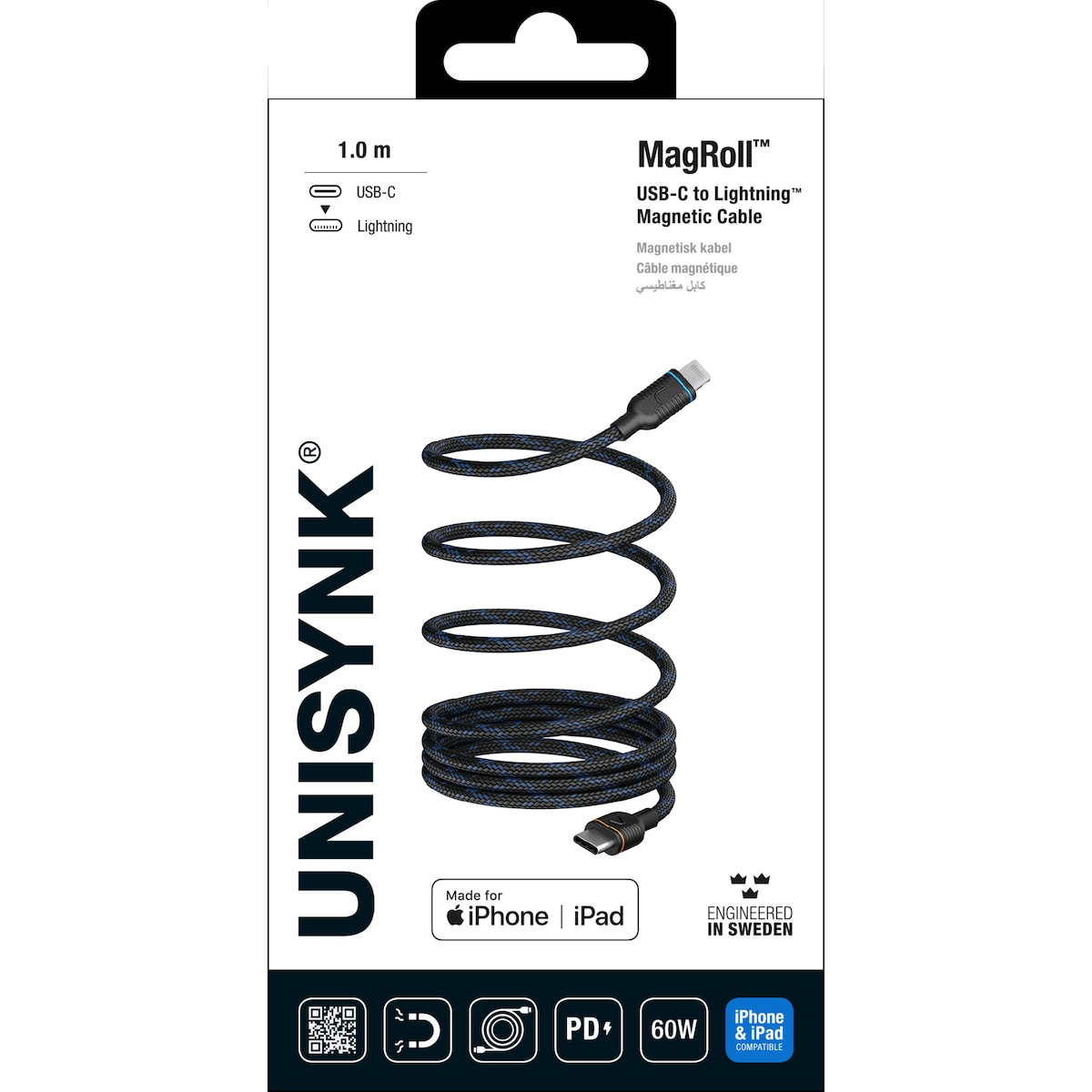 Unisynk MagRoll Magnetic 60W USB-C til Lightning adapter (1m)