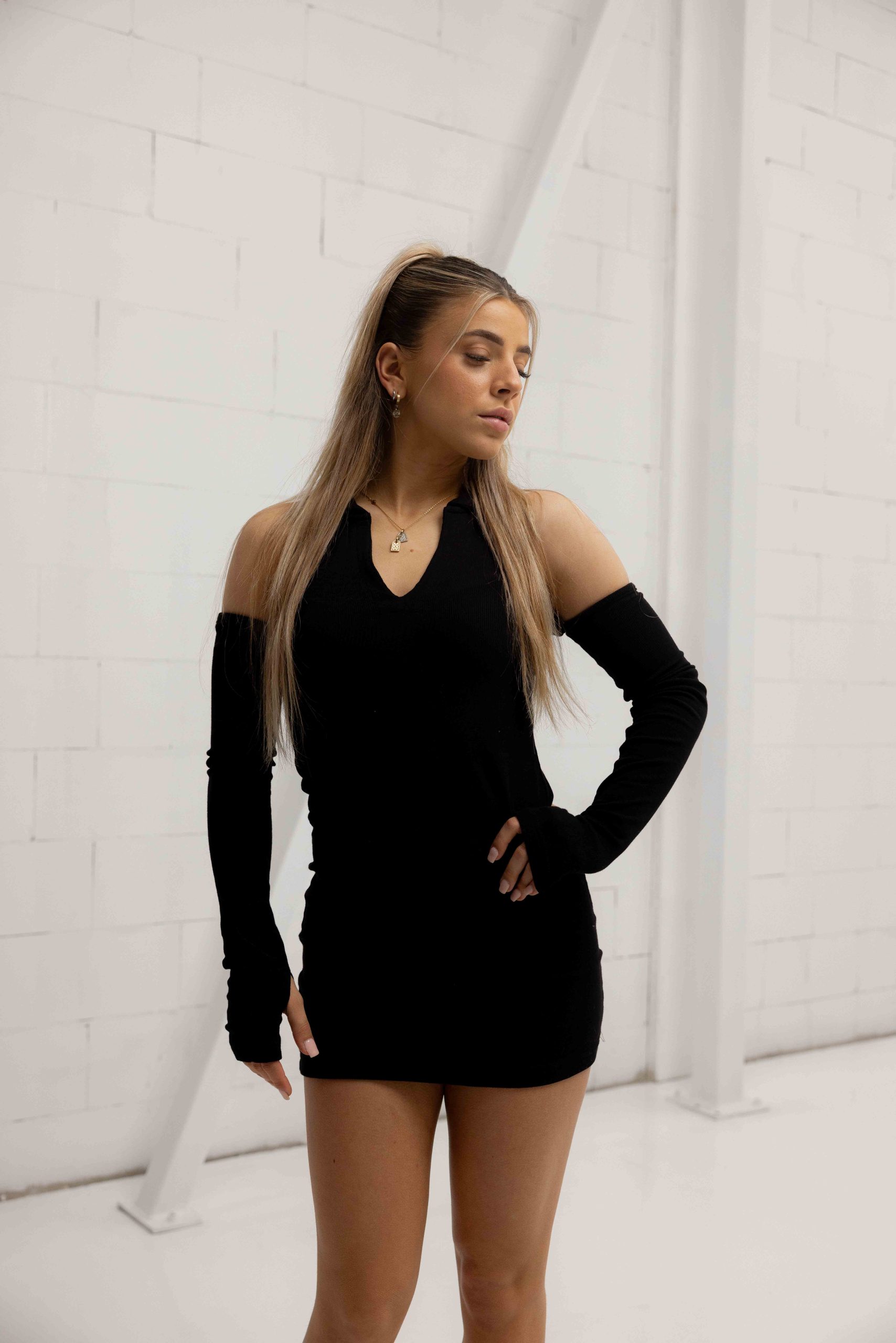 Couture Club Collar Detail Ribbed Mini Jurk Dames Zwart