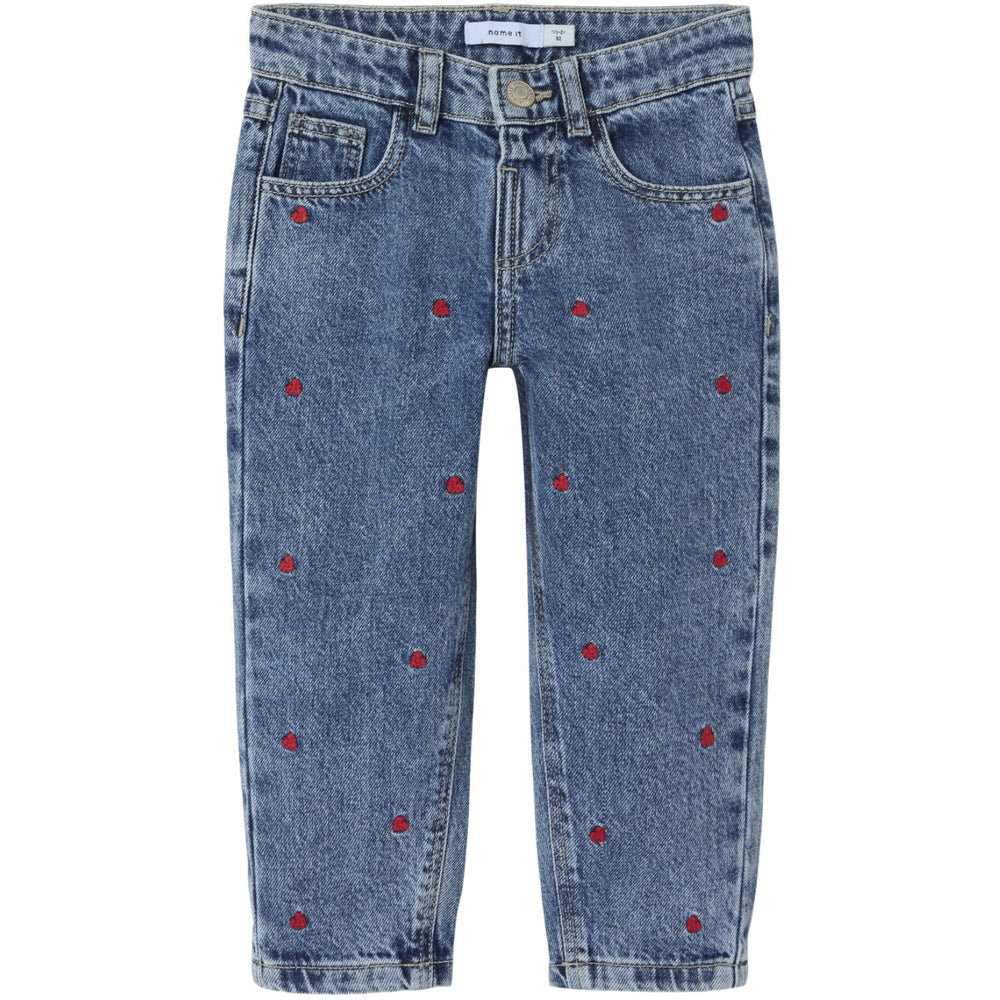 Køb Name It Medium Blue Denim Heart Bella Mom Embroidery Jeans