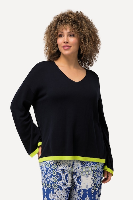 Pullover, farbige Bündchen, V-Ausschnitt, Langarm