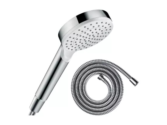 Pommeau de douche HANSGROHE Crometta EcoSmart blanc/chromé + flexible de douche 1,60 m HANSGROHE Metaflex chromé