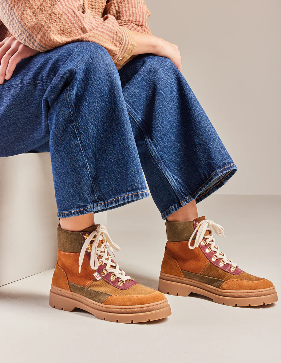 Bottines à lacets Joelle - Suède et velours cognac bordeaux