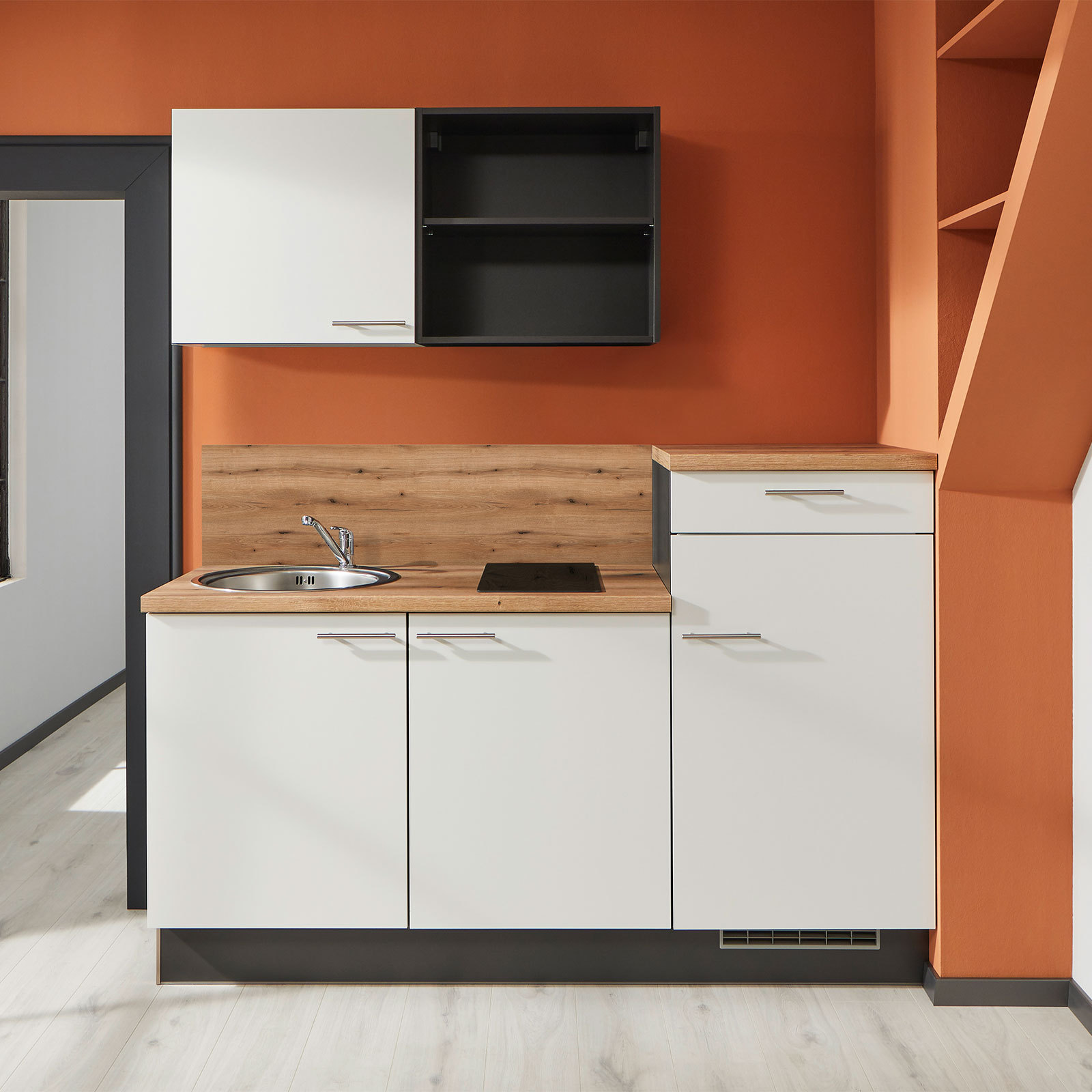Küchenblock - weiß - Evoke Eiche - mit E-Geräten - 180 cm