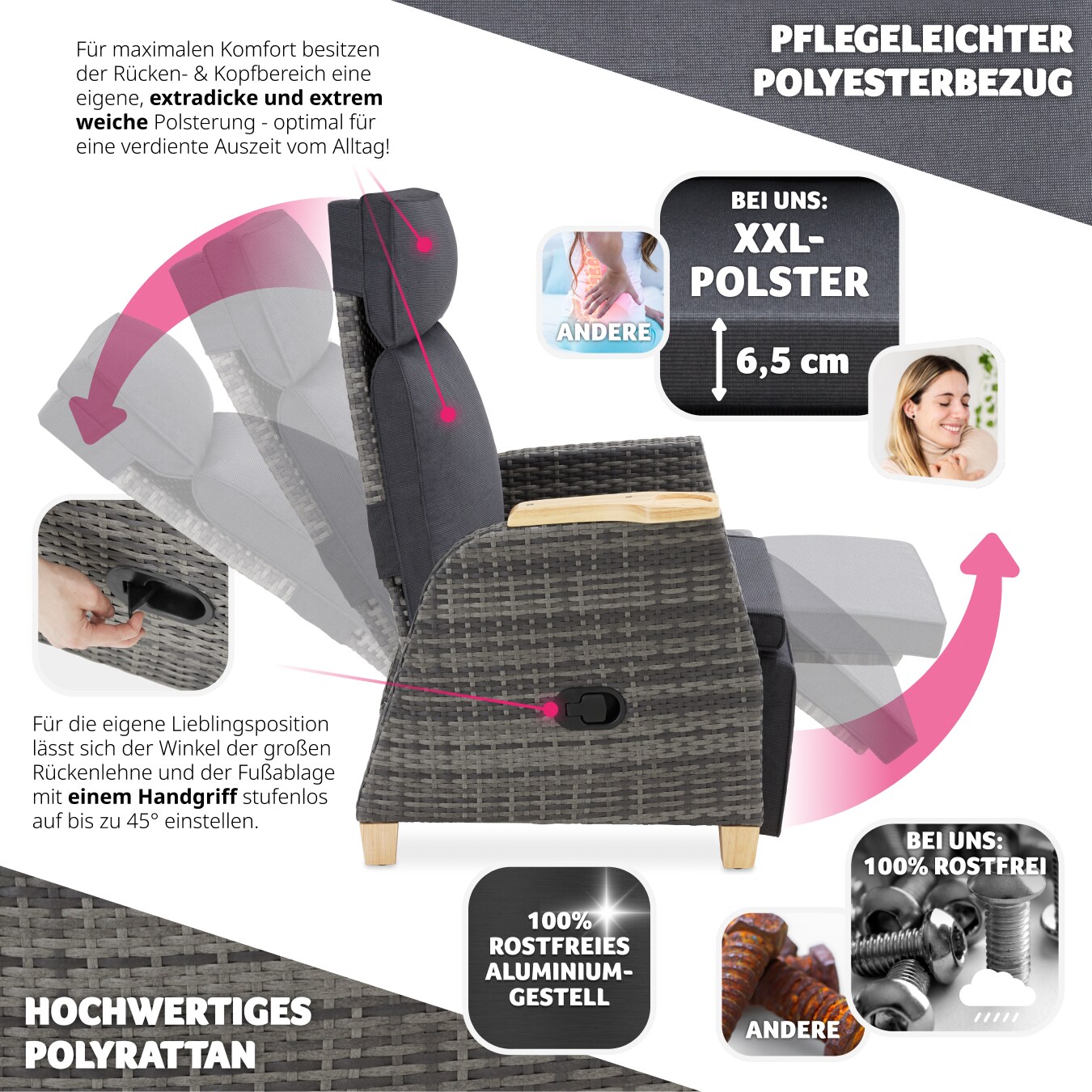 tectake® Rattansessel, mit Aluminiumgestell, verstellbare Rückenlehne und Fußablage, dicke Polsterung, 68,5 x 67 - 128 x 87 - 104 cm