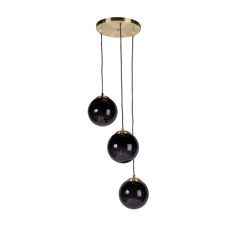 Art deco hanglamp messing met zwart glas 3-lichts - Pallon