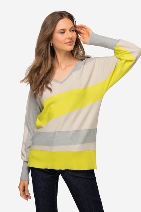 Pullover, asymmetrische Blockstreifen, Kimono-Passform, V-Ausschnitt, angarm
