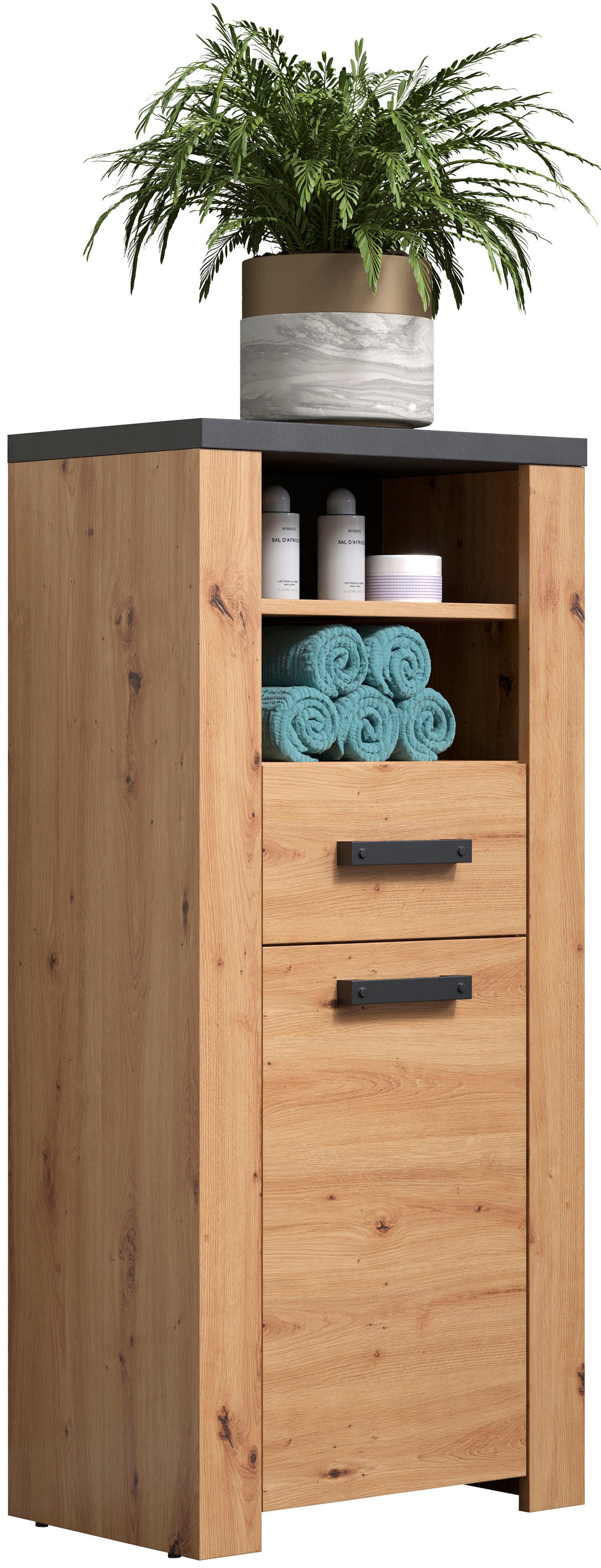 welltime Midischrank »Ambres« 1 Stk. tlg. Badschrank in matter Echtholzoptik - Masse (B/T/H) 53/35/118 cm