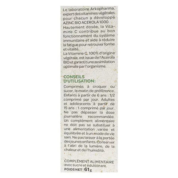 Arkopharma Azinc Acerola Natural 1000 Orgânica 30 comprimidos